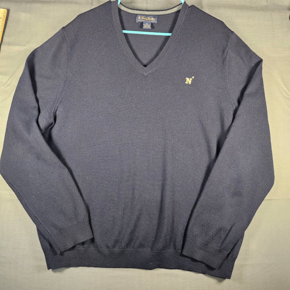 Brooks Brothers Extra Fine Italian Merino Wool V-Neck Sweater black blue Mens XL